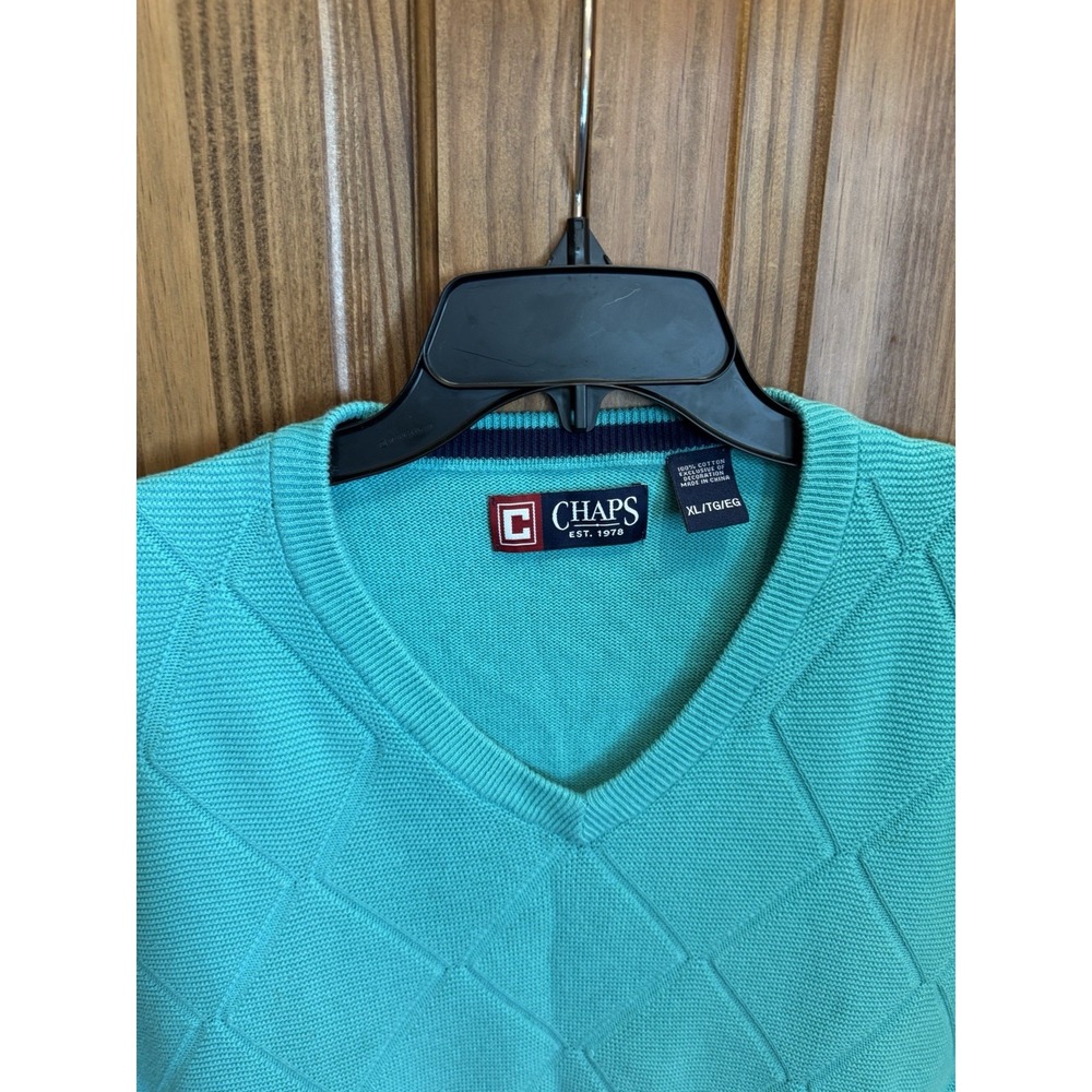 Chaps Men's XL Sweater‎ Vest Aqua Blue Diamond Knit Pullover Sleeveless Classic - Picture 2 of 7